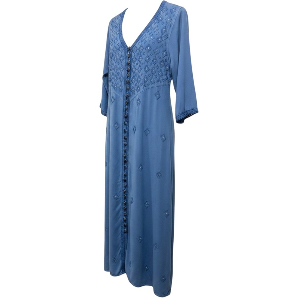 Soft Surroundings Blue Embroidered Art To Wear Lagenlook Maxi Duster Dress PS